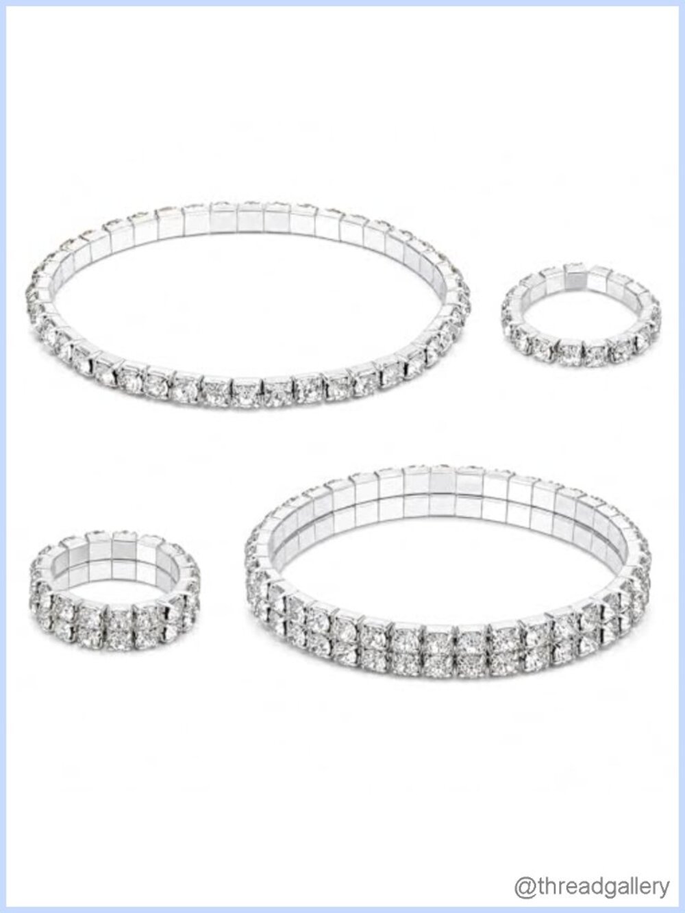2pcs Silver Rhinestone Stretch Tennis Bracelets with Matching Rings Women